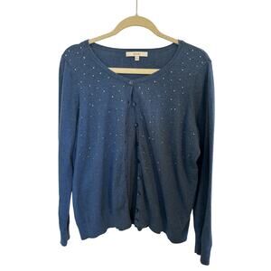 Rhinestone Blue Cotton Button Front Cardigan Size XL Preppy Classic Old Money